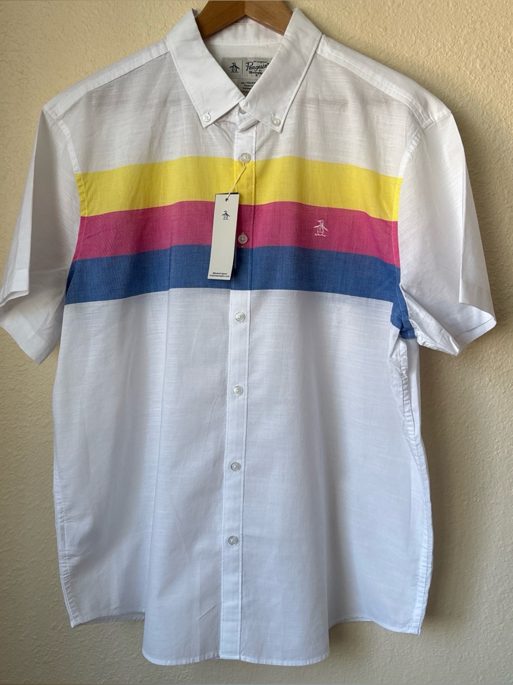 Original Penguin White Button-Up Shirt with Yellow, Pink and Blue Stripes